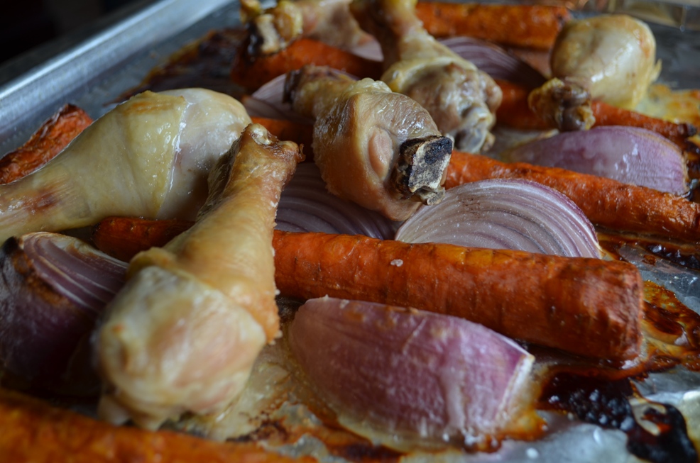 Roasted chicken & veggies--look at all that flavor crust on the pan!