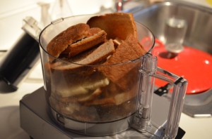 Toasted brioche crusts from the layered french toast I made getting ready to be pulsed into bread crumbs